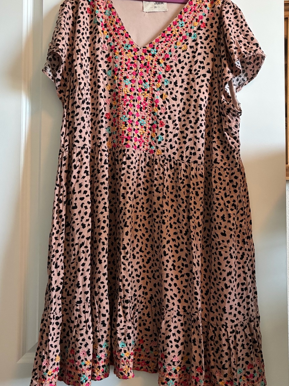 Savanna Jane Pink Embroidered V-Neck Dress with Black Accents